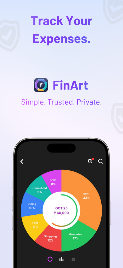 FinArt app interface displaying a colorful monthly spending donut chart on an iPhone.