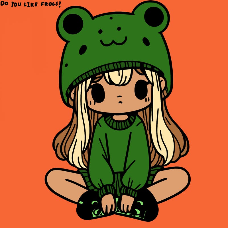 a girl wearing a frog hat and some frog socks