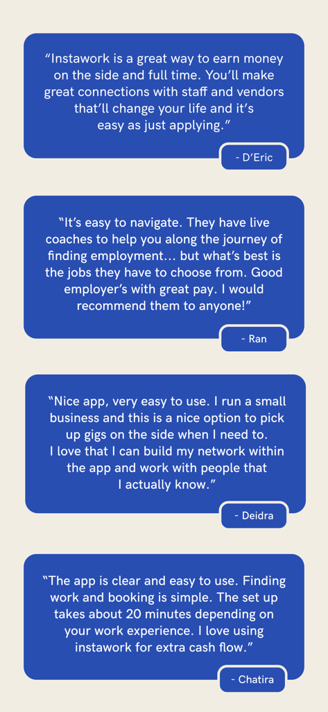 A collection of four positive user reviews for the Instawork app highlighting ease of use and career networking opportunities