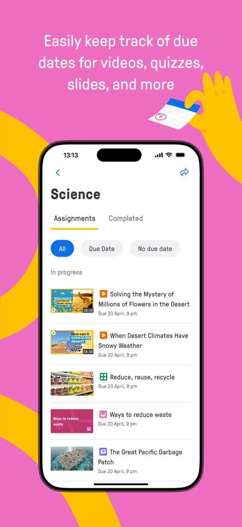 Edpuzzle - Interfaz de la aplicación Edpuzzle que muestra las tareas y las fechas de vencimiento de una clase de ciencias.