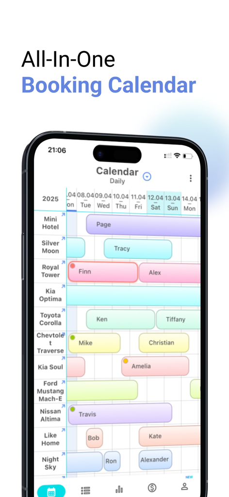 Rental Planner: Rent Manager - Oberfläche der mobilen App, die einen All-in-One-Buchungskalender für mehrere Mietobjekte, einschließlich Hotels und Autos, zeigt