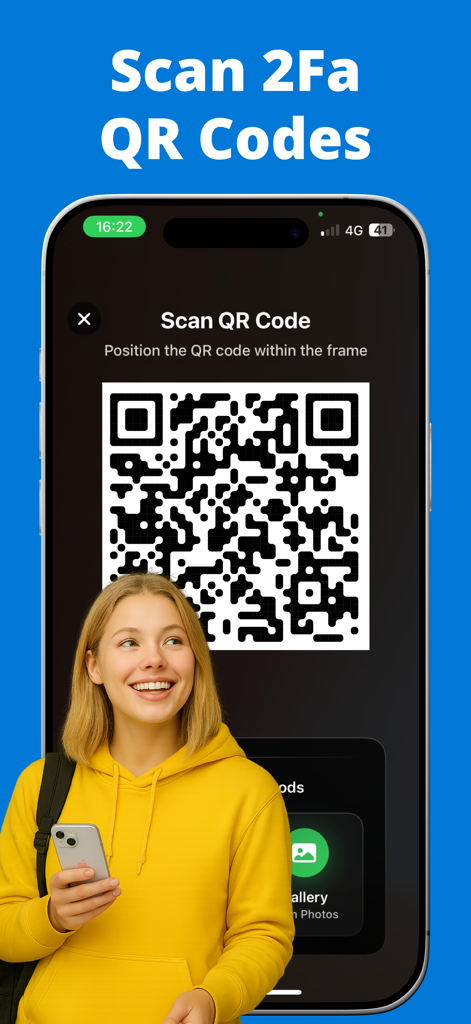 Uma jovem escaneando um código QR 2FA usando a interface do aplicativo Authy Authenticator em um iPhone.