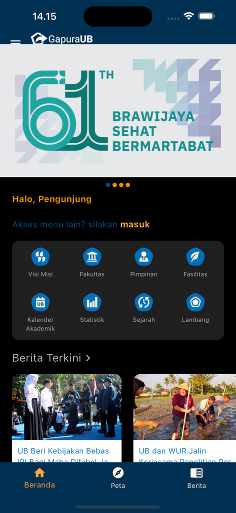 Gapura UB - Home screen of the Gapura UB mobile app showing university services and latest news