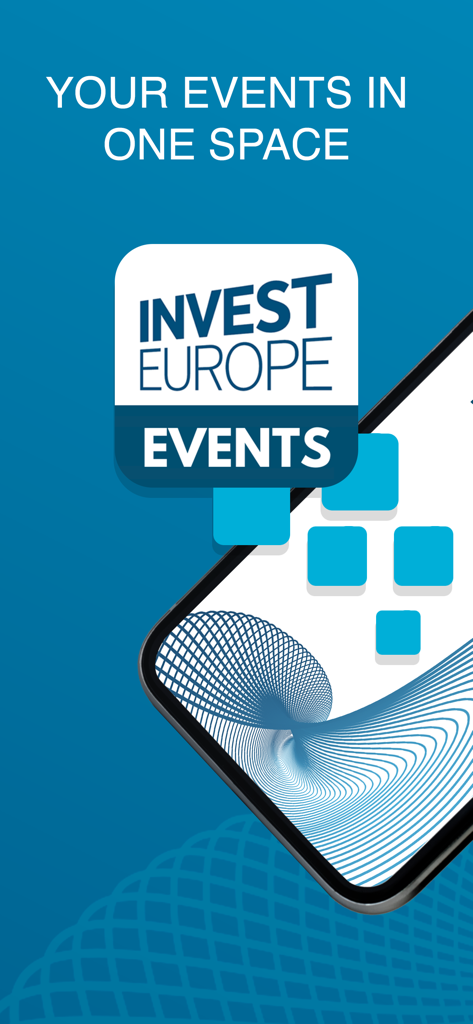 Invest Europe Events - Invest Europe Events App-Einführungsbildschirm mit Logo und Slogan Ihre Veranstaltungen an einem Ort