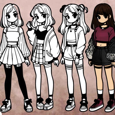 one girl with crop-top shirt and a jacket with a skirt, long socks and another girl with a shirt and pants with a jacket