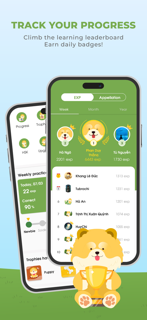 HeyChina App-Fortschrittsanzeige mit einer Lernenden-Rangliste und spielerischen Errungenschaften.
