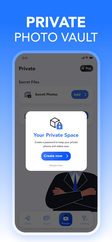Clean Storage Pro: AI Cleaner - Private photo vault setup screen in the Clean Storage Pro iPhone app