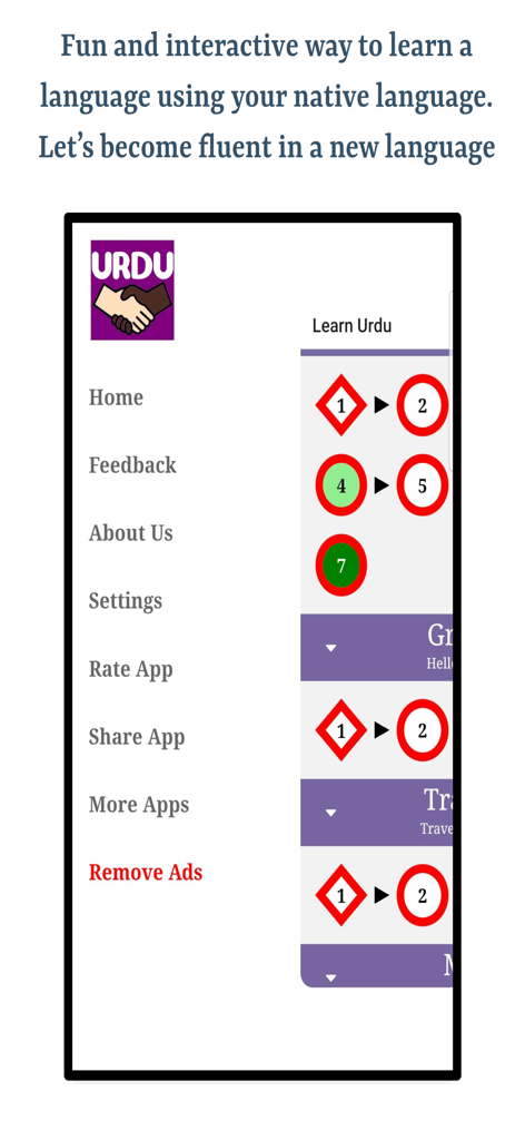 Learn Gujarati Lang - A screenshot of the Learn Gujarati mobile app displaying its navigation menu and interactive learning paths.