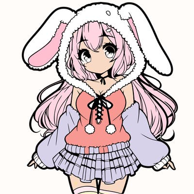 pretty anime girl wearing a fluffy hoodie with bunny ears on the hood and a skirt