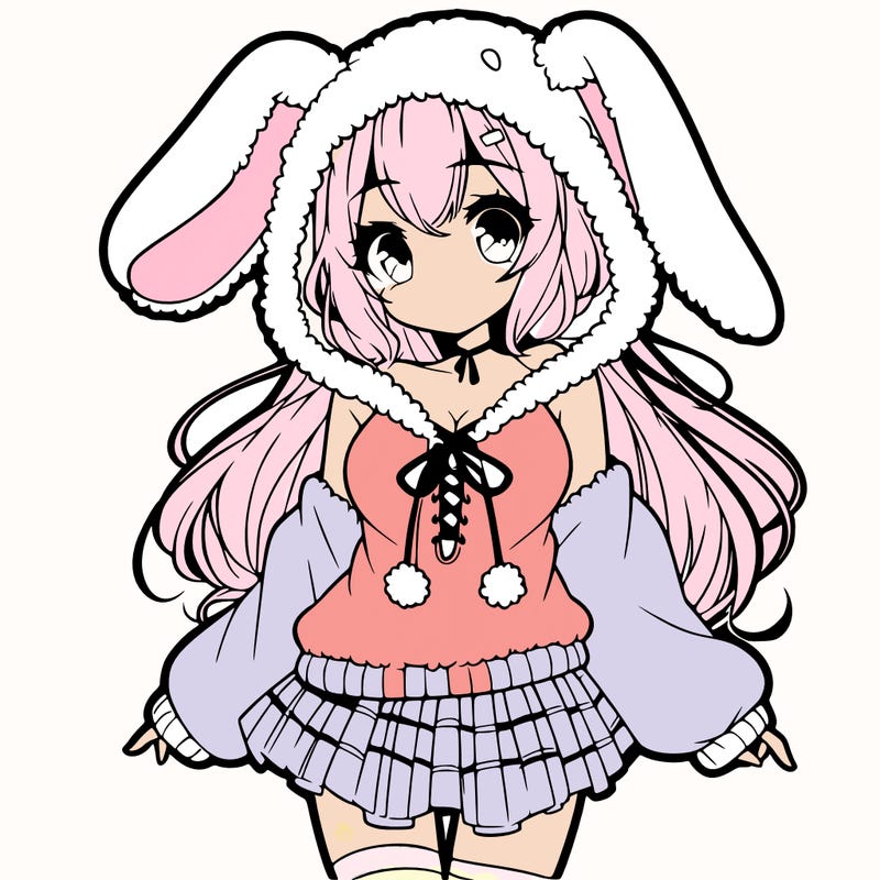pretty anime girl wearing a fluffy hoodie with bunny ears on the hood and a skirt