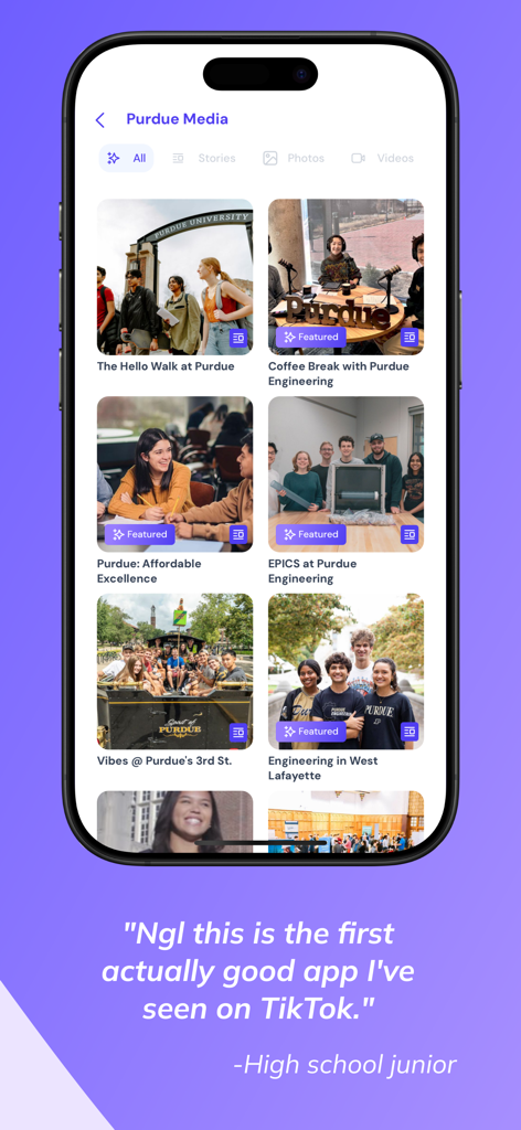 A mobile app screen for Loper showing Purdue University campus media stories and a student testimonial.