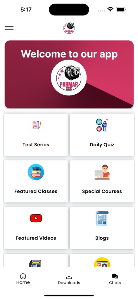 Parmar Academy mobile app home screen showing sections for test series quizzes and classes