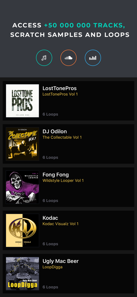 Mixfader dj app - Mixfader DJ app interface showing a list of scratch samples and loops from professional DJs.