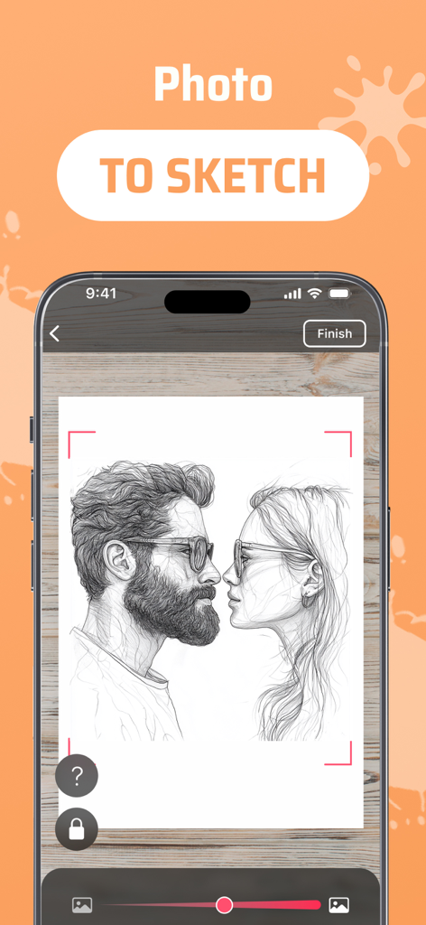 AR Drawing app interface showing a portrait of a couple converted into a sketch for tracing