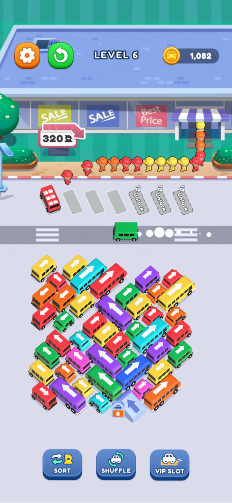 Una colorida pantalla de juego de puzzle móvil que muestra un atasco de tráfico de autobuses y pasajeros esperando en fila en una estación.