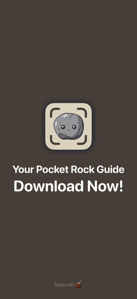 Stone Identifier by RockPic - Pantalla de descarga de la aplicación Identificador de Piedras con un lindo ícono de roca y el texto Tu Guía de Rocas de Bolsillo Descarga Ahora