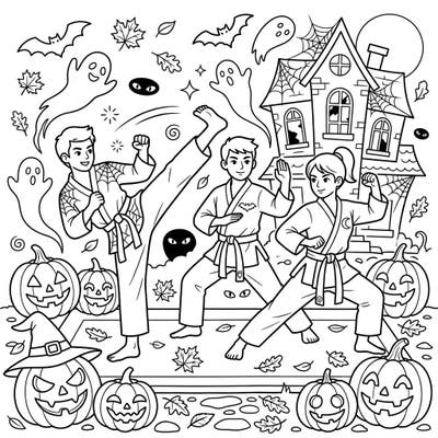 Get ready for a unique blend of discipline and delight with this Martial Artists Halloween coloring page! Watch as skilled fighters navigate a world filled with spooky pumpkins, friendly ghosts, and a haunted house.