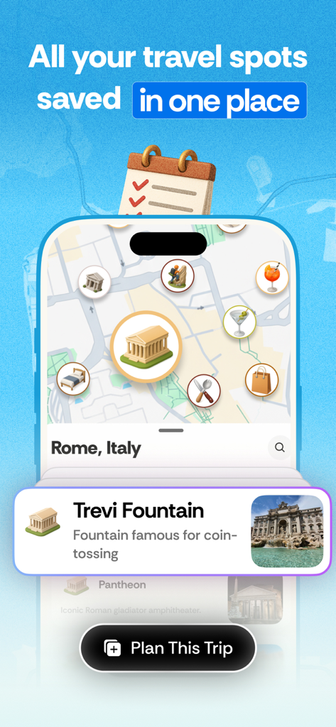 Screenshot of Roamy app showing saved travel spots in Rome on an interactive map with a plan trip button