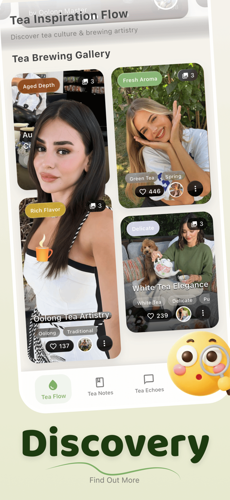 SeeTi - Video & Space - SeeTi app discovery screen showing a tea brewing gallery with short videos of tea rituals and cultural inspiration.