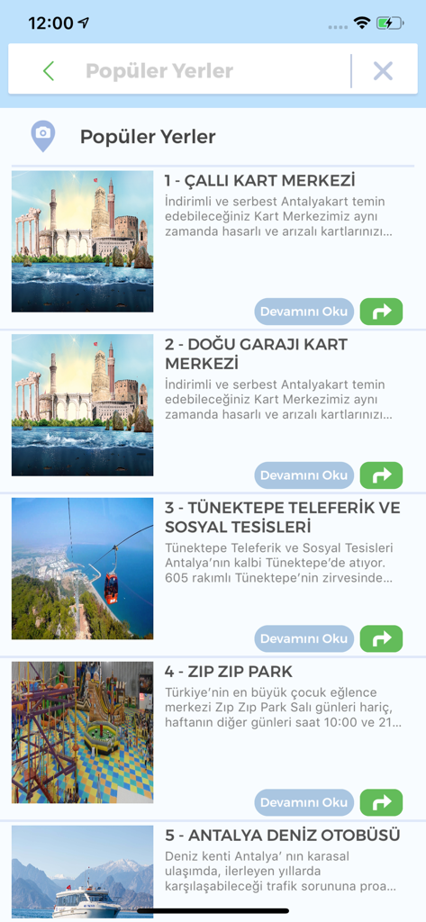 Mobile screen showing a list of popular locations and card centers in the Antalyakart app