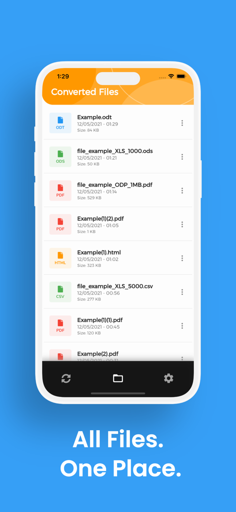 ODT Converter, ODT to WORD - Tela do aplicativo do iPhone exibindo uma lista de documentos convertidos como ODT, PDF e HTML