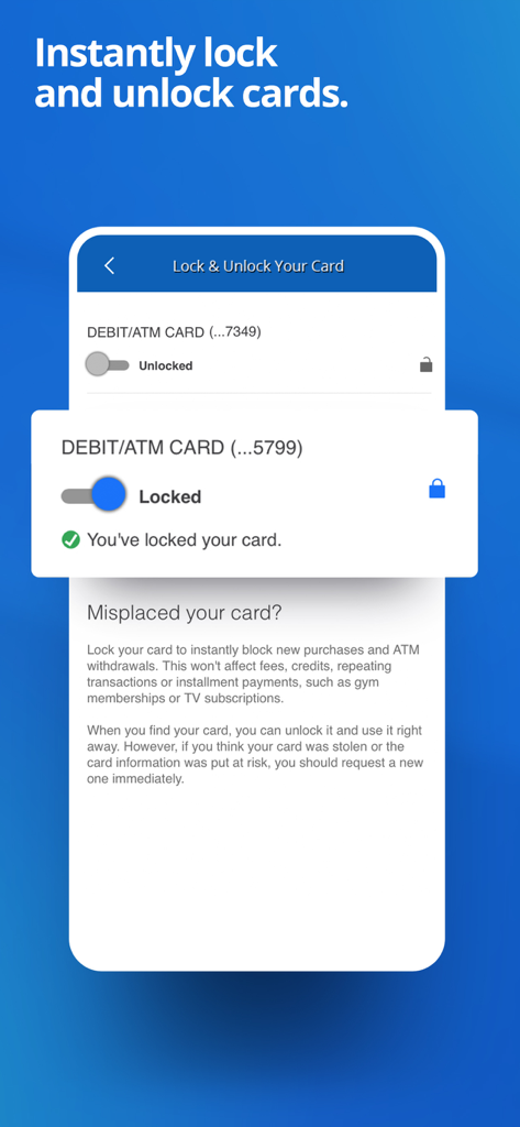 Chase Mobile app interface demonstrating the feature to instantly lock and unlock debit cards for enhanced security