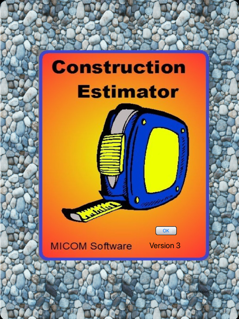 Estimate HD - The splash screen of the Estimate HD Construction Estimator app featuring a blue tape measure illustration on an orange background.