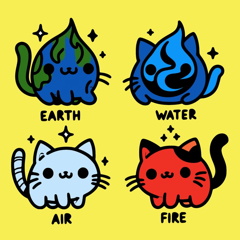 4 cats that represent the different elements, earth, water, air, and fire