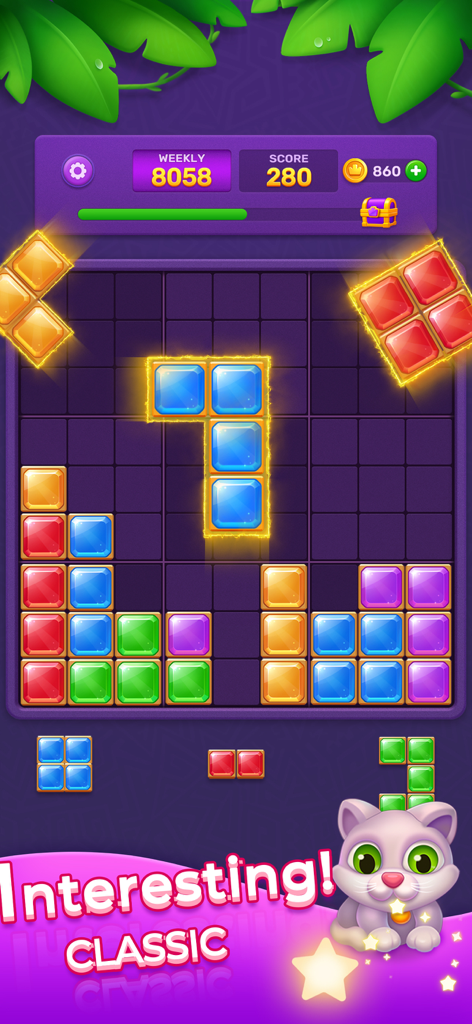 Pantalla del juego clásico de puzles de bloques de gemas con una cuadrícula colorida y un lindo gatito blanco