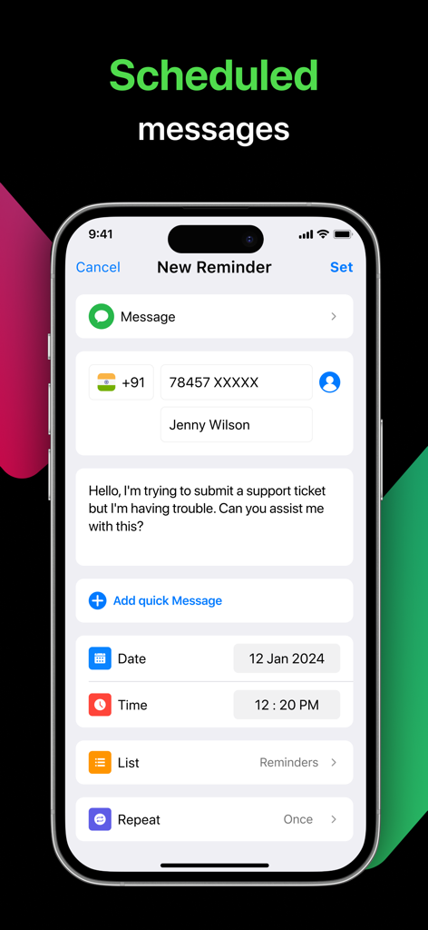 Écran de smartphone montrant comment planifier des messages et définir des rappels pour les contacts