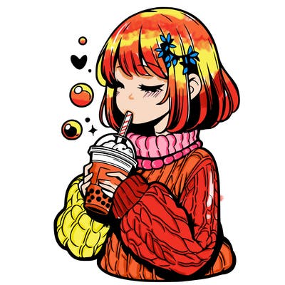 manga girl drinking boba in cozy sweater