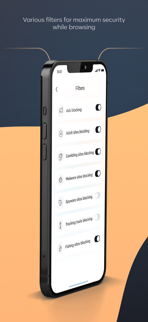 Spherios Security - Interface do aplicativo Spherios Security mostrando vários filtros de bloqueio de conteúdo para Safari, incluindo anúncios e malware