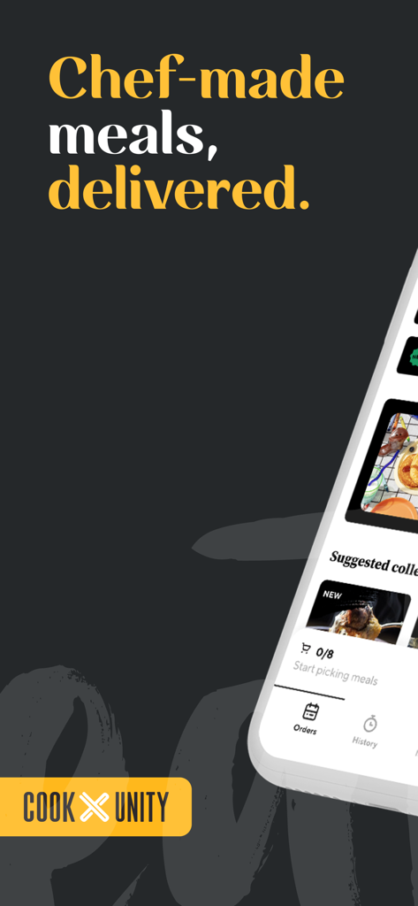 CookUnity mobile app interface featuring chef made meals delivery tagline