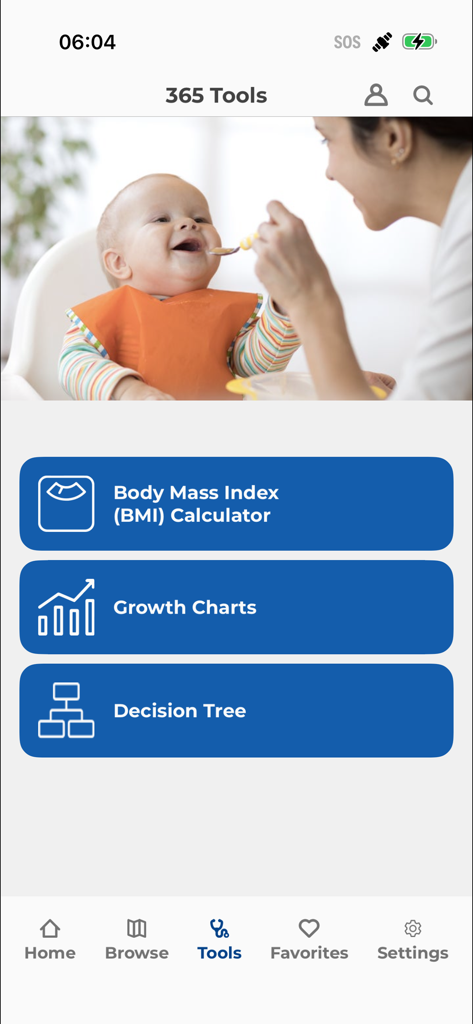 NNI365 - Interfaccia dell'app NNI365 che mostra strumenti medici professionali come calcolatrice BMI e curve di crescita