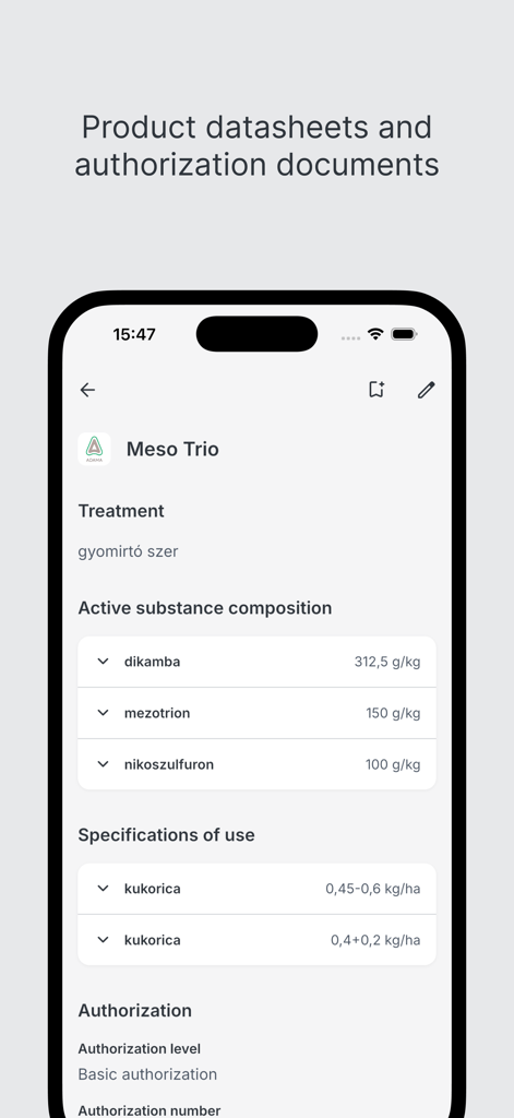 Interface do aplicativo Agromedium mostrando uma ficha técnica detalhada de produto agrícola com composição de substância ativa e especificações de uso.