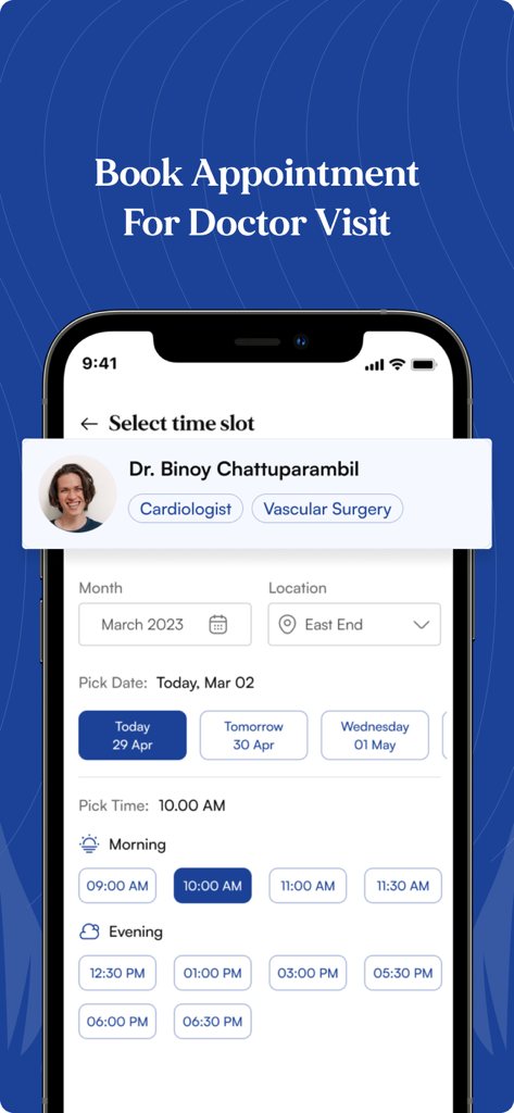 HCCI Connect– Consult a Doctor - A mobile app screen for booking a doctor appointment showing specialist profile and available time slots.