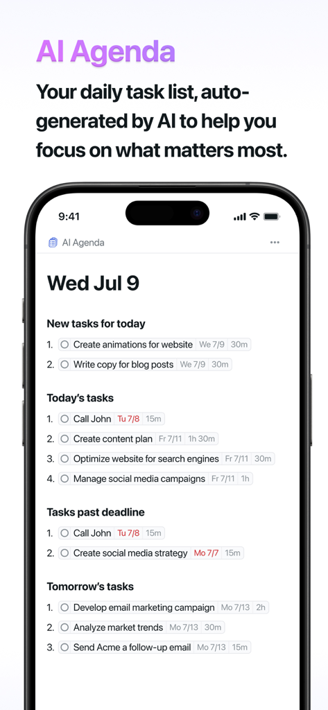 Motion app interface showing an AI generated daily task list categorized by priority and deadlines