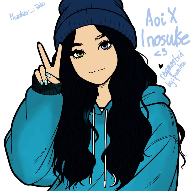 a teenage girl in a beanie, oversized sweatshirt, wavy long hair, and is showing a ✌️