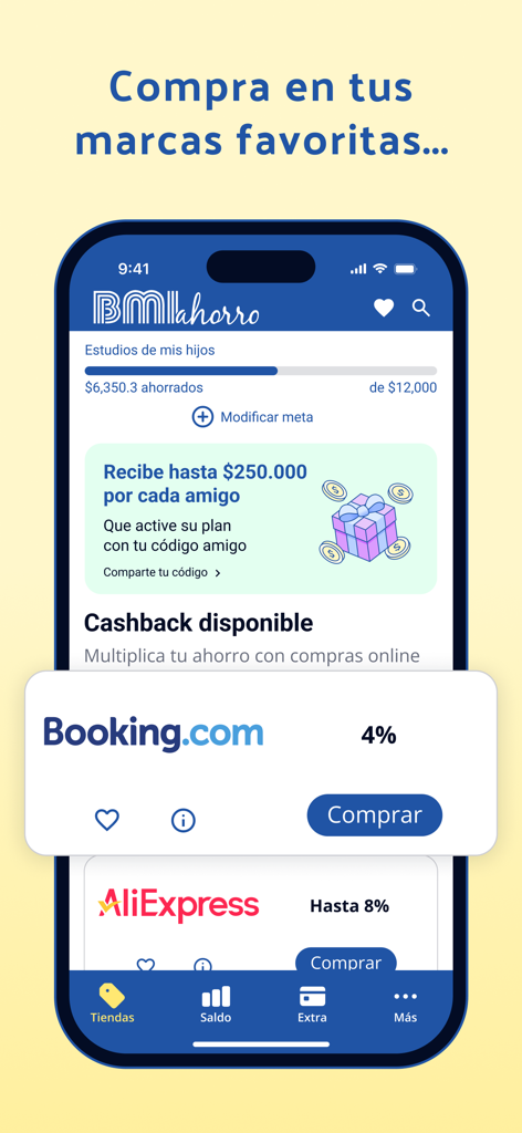 BMI Ahorro Colombia - BMIアホーロアプリのスクリーンショット。ブッキングドットコムとアリエクスプレスでの買い物に対するキャッシュバック特典を表示。