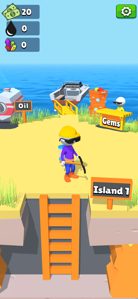 Oilman! - Un personaje con casco amarillo sosteniendo un pico en la Isla 1 con estaciones para petróleo y gemas