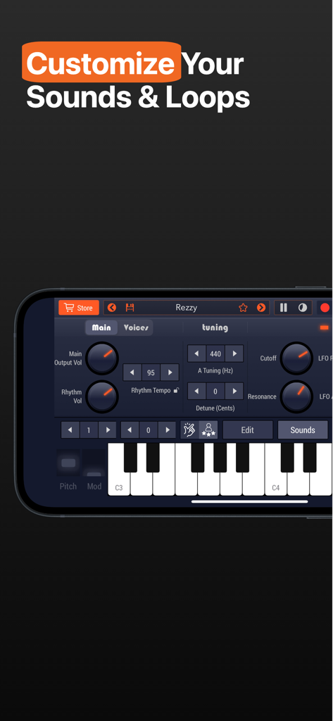 Piano Pro & Drum Music Studio - Interface for customizing sounds and loops in Piano Pro featuring synth controls and a piano keyboard