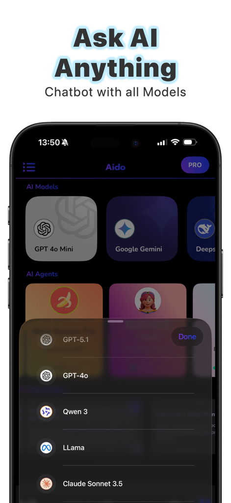 Ask AI Anything - Aido - Screenshot of Aido app showing a menu to choose from various AI models like GPT-4o, Google Gemini, and Claude Sonnet 3.5.