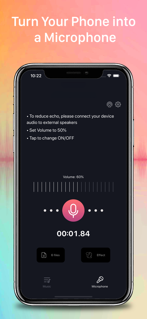 Volume Booster - Bass Booster - An iPhone interface showing the live microphone feature with a recording timer and volume level controls.