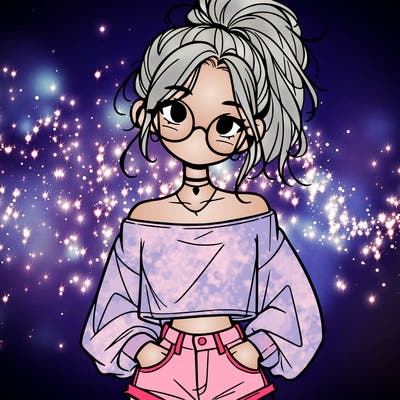 girl with a messy ponytail glasses a baggy crop top and jean shorts