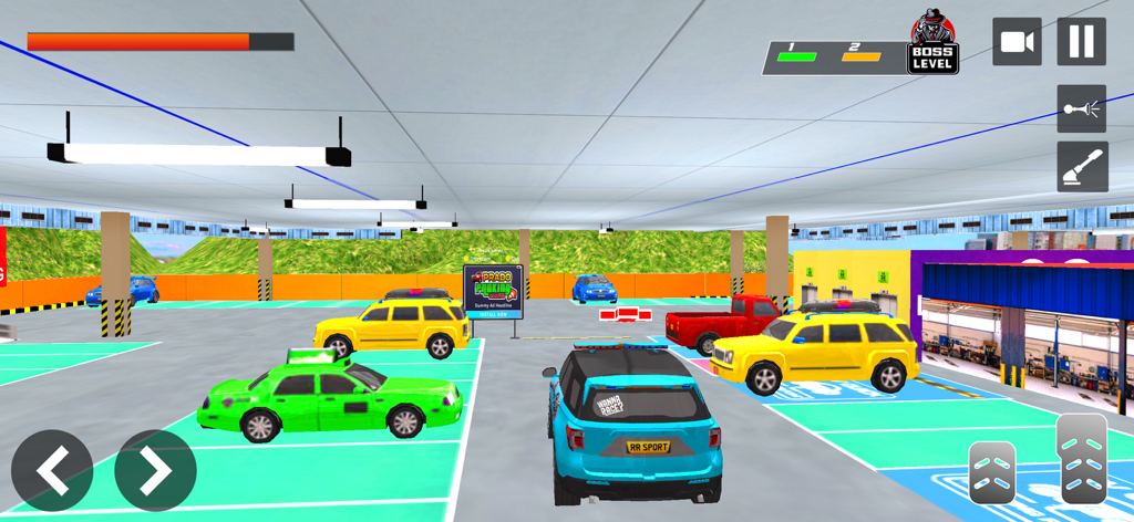 Prado Car Parking: Car Driving - Captura de pantalla del juego de Prado Car Parking que muestra un SUV azul en un garaje de estacionamiento interior 3D.