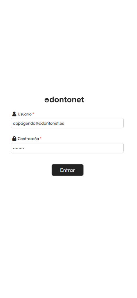 Odontonet Agendas - Pantalla de inicio de sesión de la aplicación móvil Odontonet Agendas para la programación de clínicas dentales