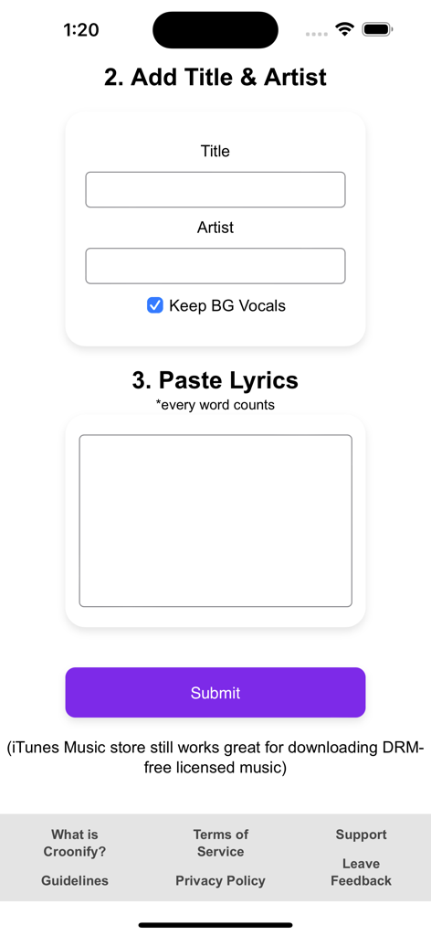 Croonify - Interface for entering song title artist and pasting lyrics in the Croonify app