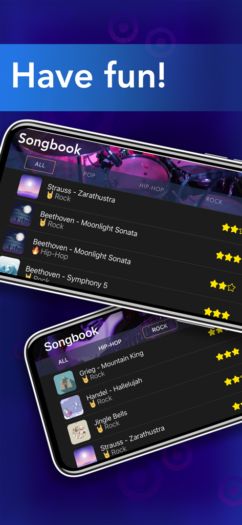 Drums app songbook showing a list of classical songs rearranged in rock and hip hop styles