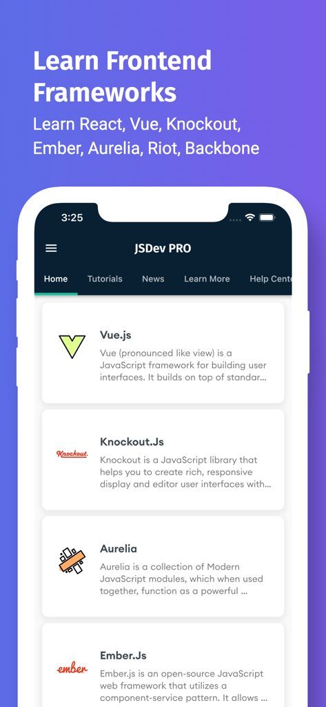 Mobile app interface for learning frontend frameworks like Vue and Knockout