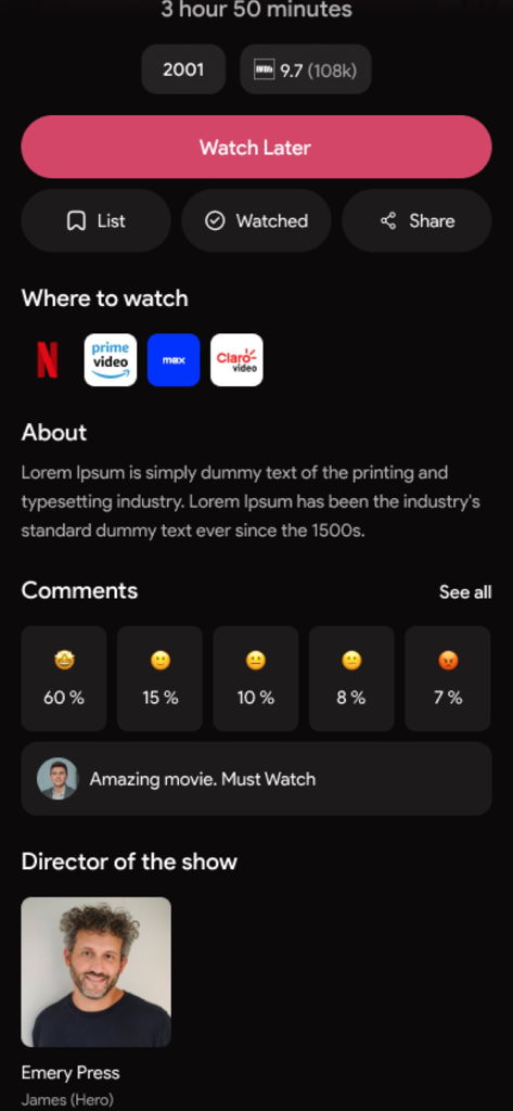 Pantalla de detalles de la película que muestra calificaciones de IMDb y opciones de transmisión como Netflix y Prime Video